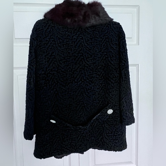 Vintage Black Curly Lamb Coat With Mink Fur Collar - Picture 9 of 15